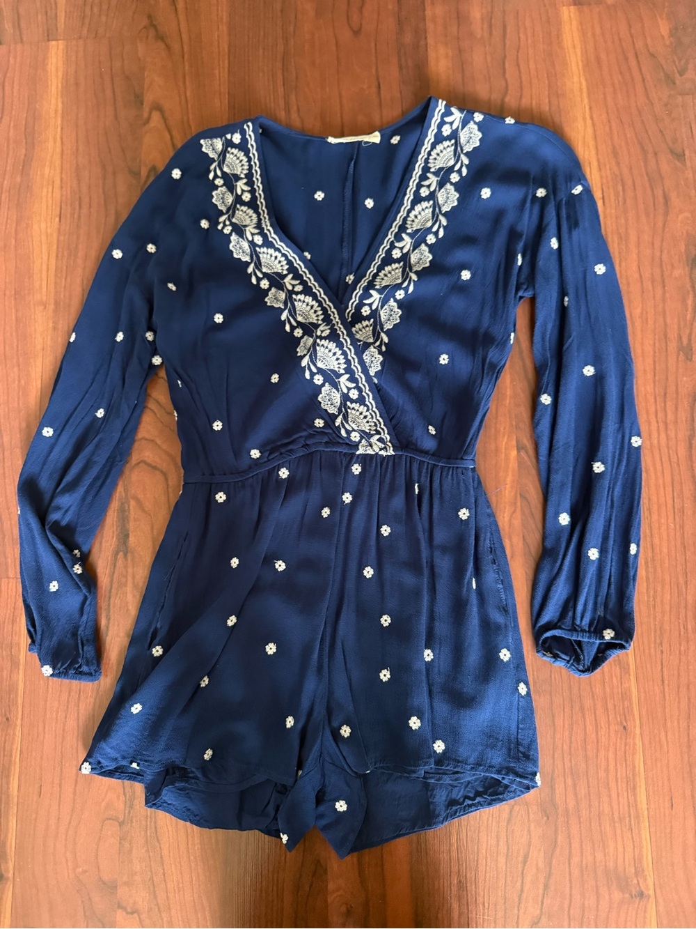 Chloe & Katie Navy Blue Embroidered V-Neck Romper Top